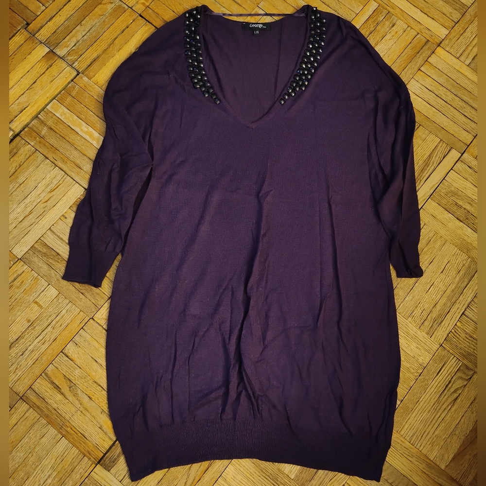 George Purple 3/4 Sleeve V-Neck Sweater With Beaded Collar